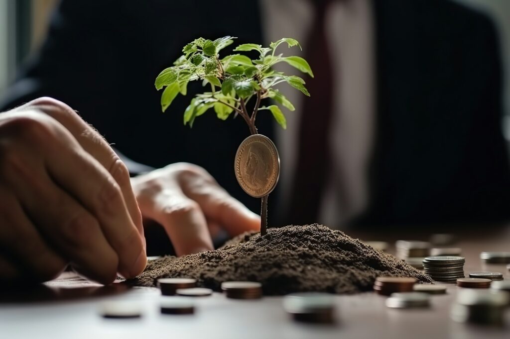 Money Growing Business: Photo of a Businessman Planting a Money Tree for Financial Success